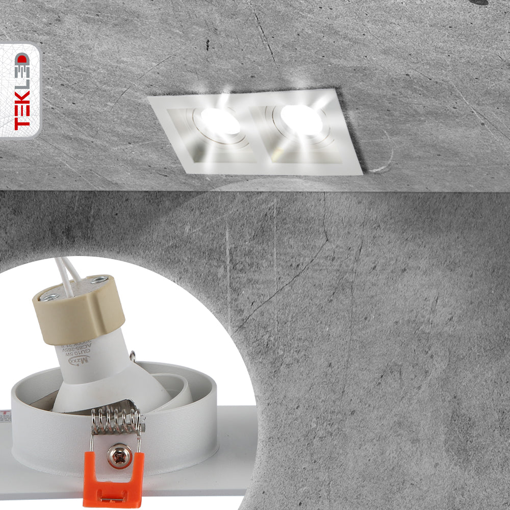 Close up shots of Rectangle Recessed Tilt Downlight White with 2xGU10 Fitting | TEKLED 165-03886
