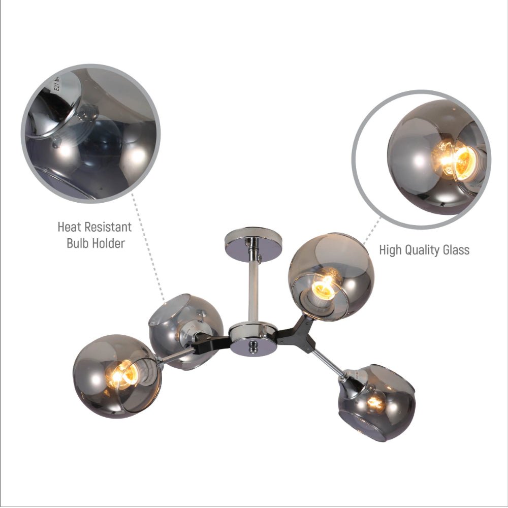 Close up shots of Smoky Barrel Glass Chrome Metal Body Sputnik Modern Ceiling Light with E27 Fittings | TEKLED 159-17692