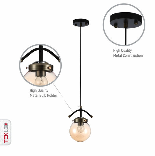 Features of amber glass globe black and antique brass pendant light e27