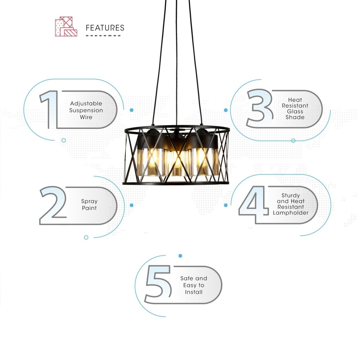 Features of black caged metal amber cylinder glass chandelier with 3xe27 fitting