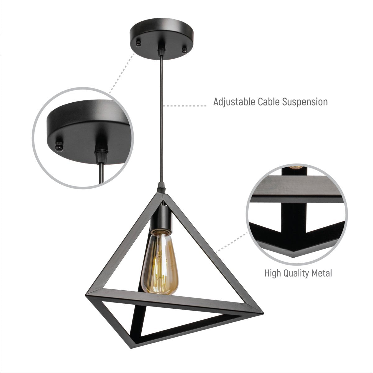 Close up shots of Black Metal Pyramid Cage Pendant Ceiling Light with E27 | TEKLED 150-17948