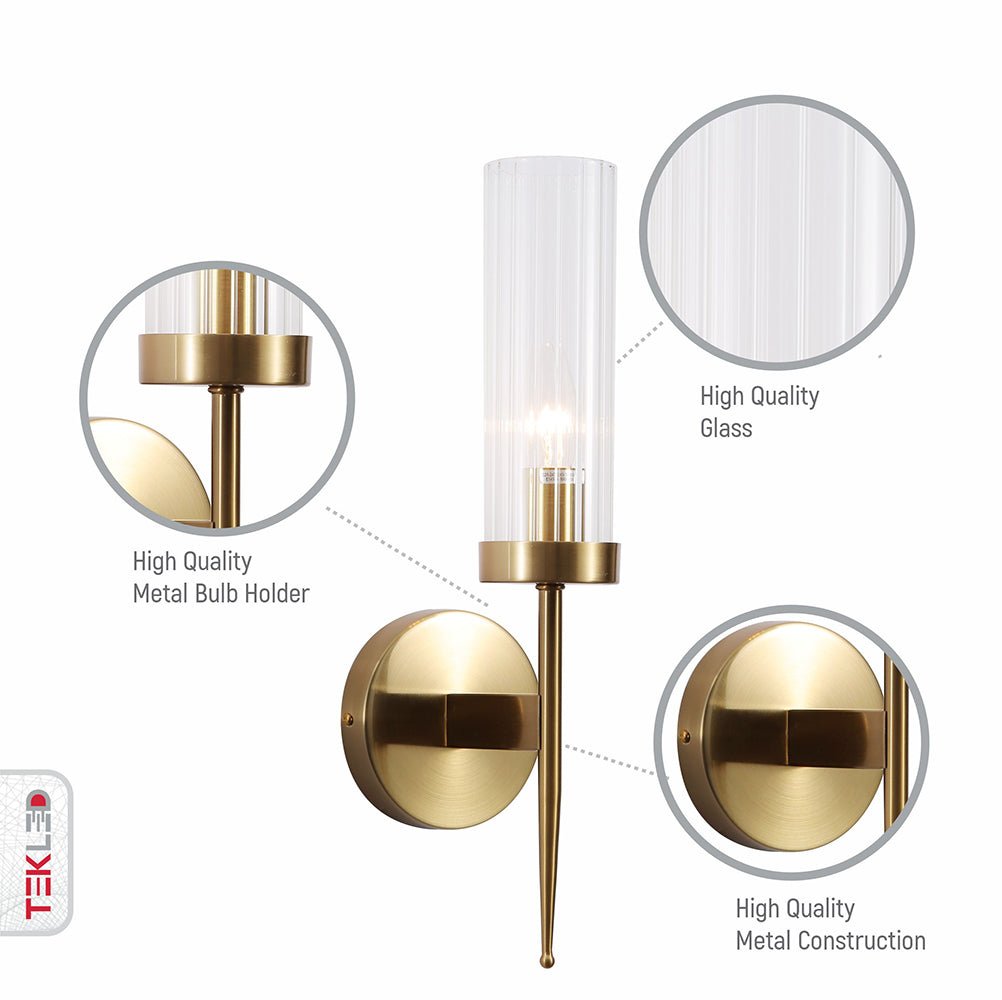 Features of Gold Aluminium Bronze Cylinder Clear Reeded Glass Joseph Fonteyn Fluted Wall Light E27