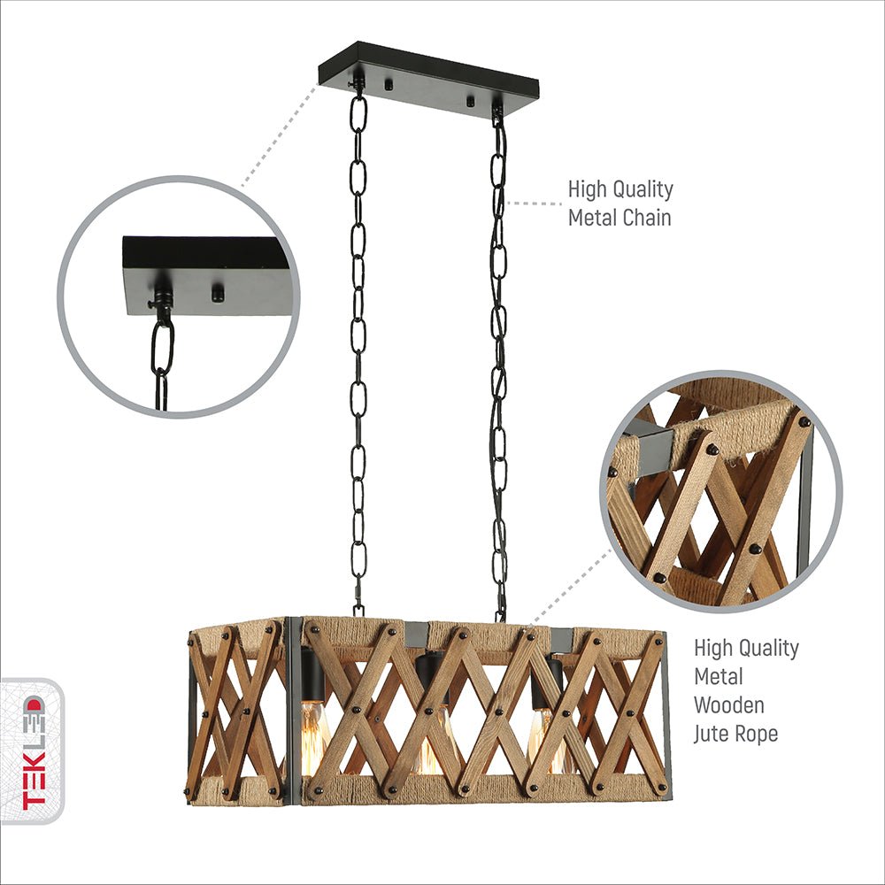 Features of wood black metal cuboid island chandelier with 3xe27 fitting
