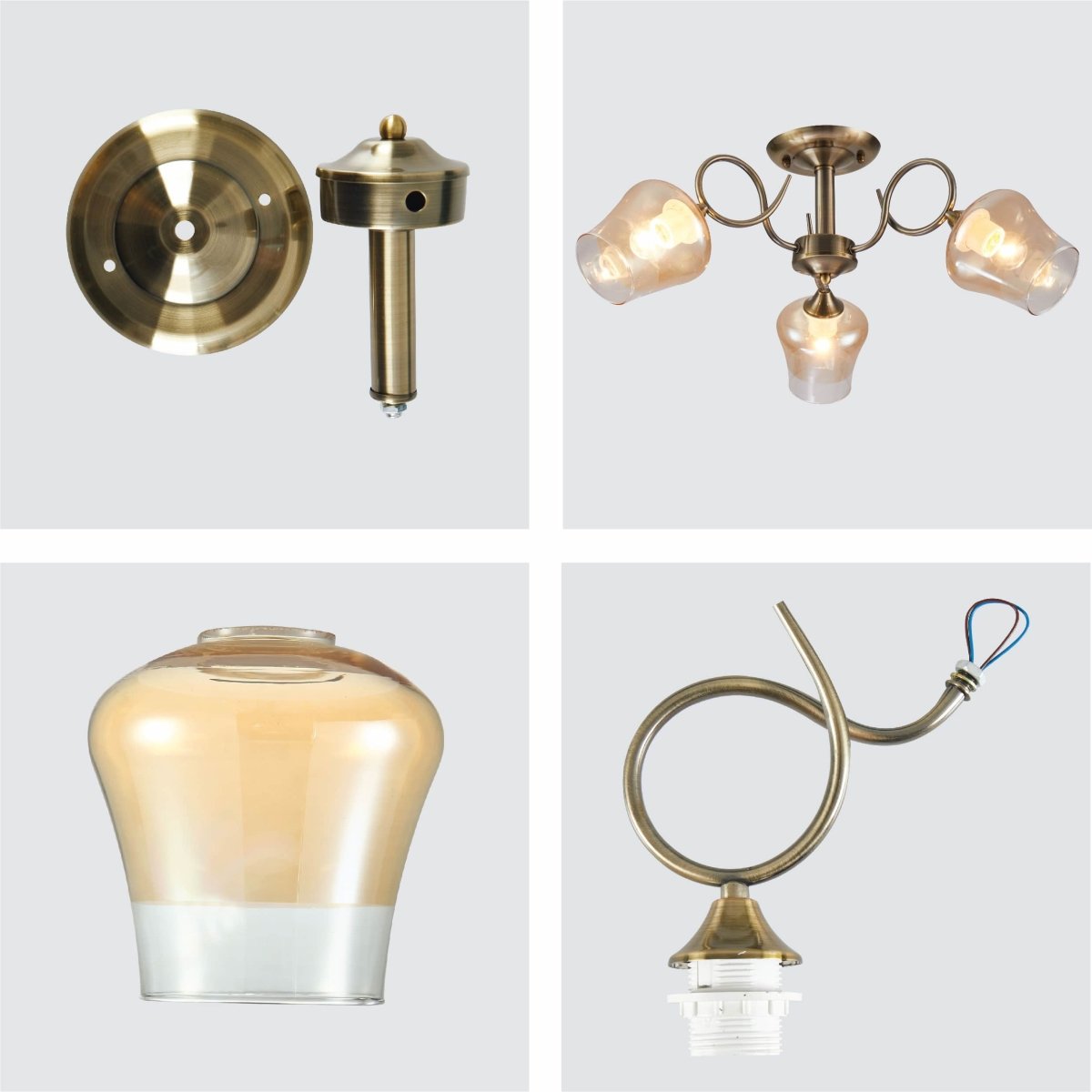 Details of Amber Bell Glass Antique Brass Metal Semi Flush Ceiling Light | TEKLED 159-17122