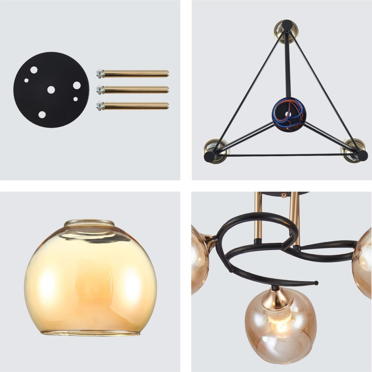 Details of Amber Bell Glass Black Gold Metal Semi Flush Ceiling Light | TEKLED 159-17130