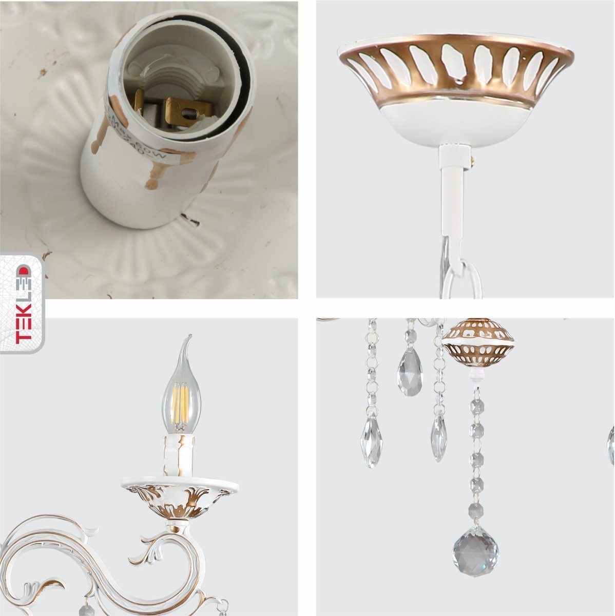 Detailed shots of 3 Arm Chandelier Metal and Crystal Gold Aged Cream 3xE14 | TEKLED 159-17828