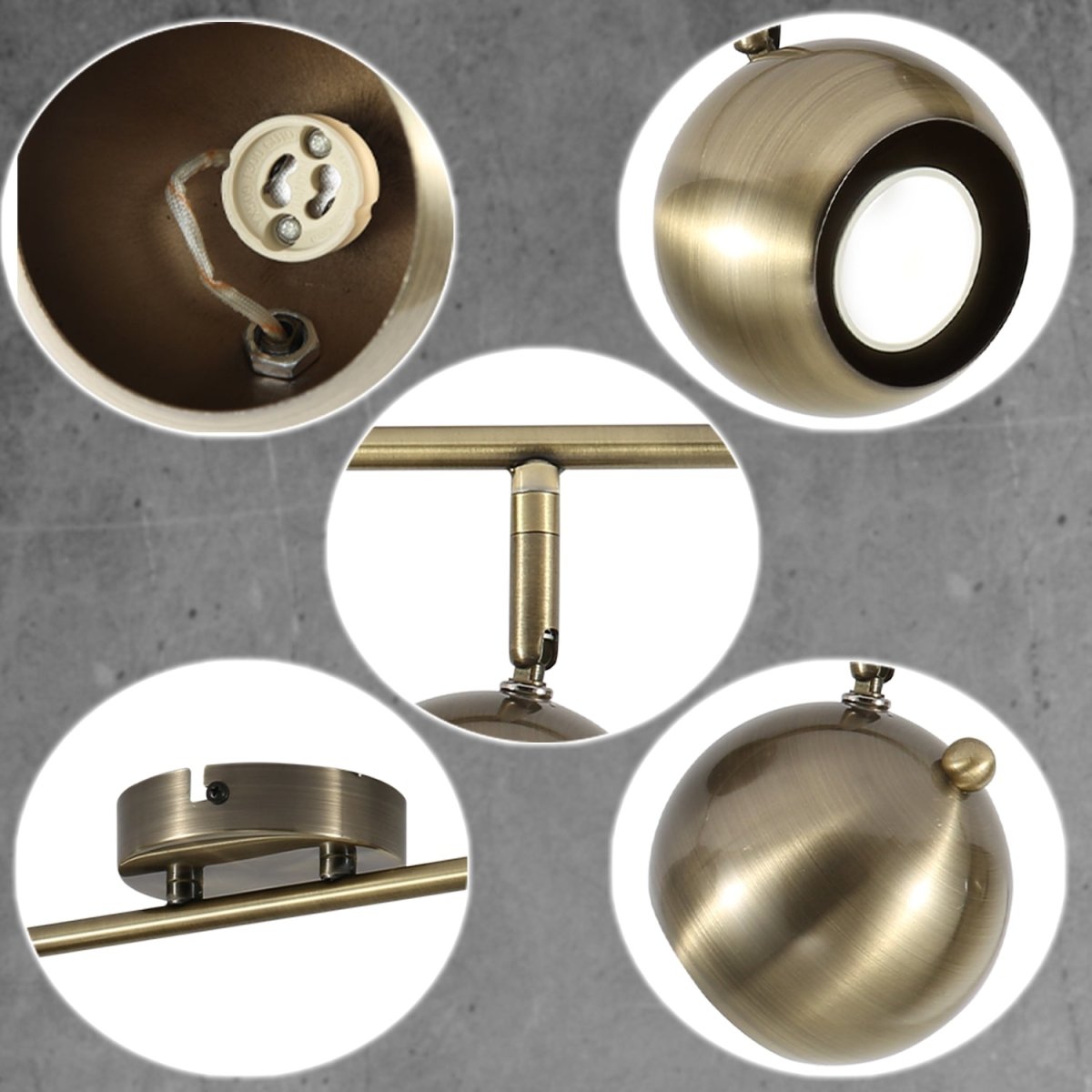 Detailed shots of 4 Way Sphere Rod Spotlight with GU10 Fitting Antique Brass | TEKLED 172-03124