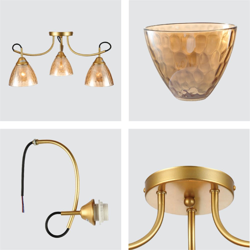 Detailed shots of Amber Cone Glass Gold Semi Flush Ceiling Light E27 | TEKLED 159-17640