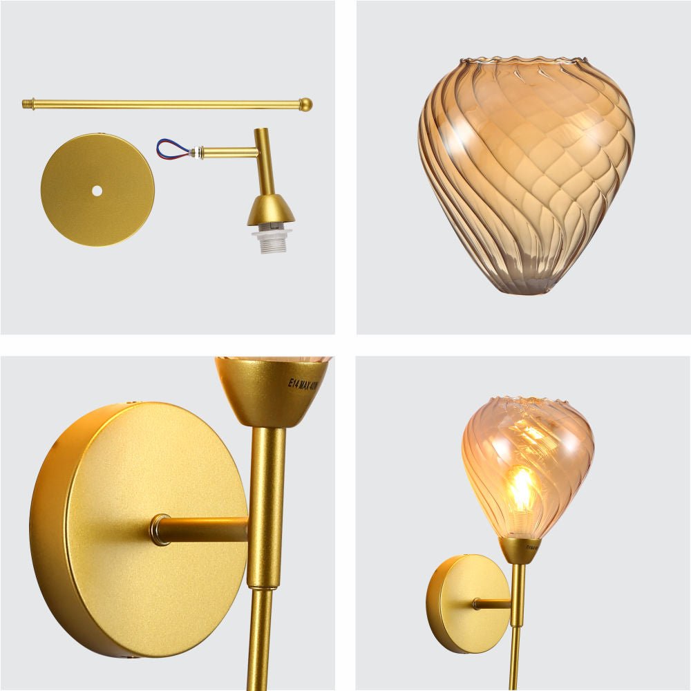 Detailed shots of Amber Cone Patterned Glass Gold Metal Sconce Wall Light with E14 Fitting | TEKLED 150-18328