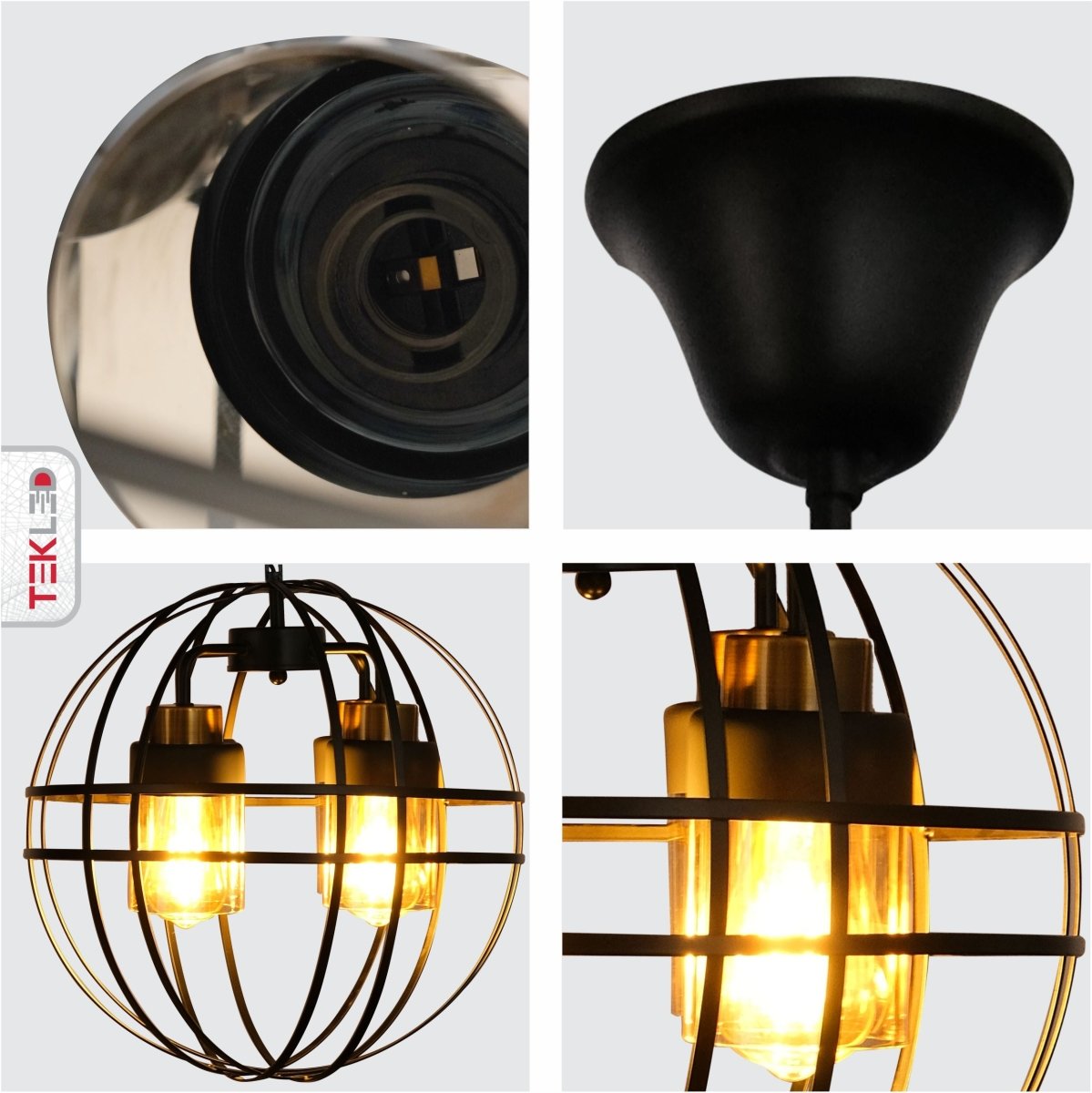 Detailed shots of Amber Cylinder Glass Black Cage Metal Chandelier with 4xE27 Fitting | TEKLED 158-19572