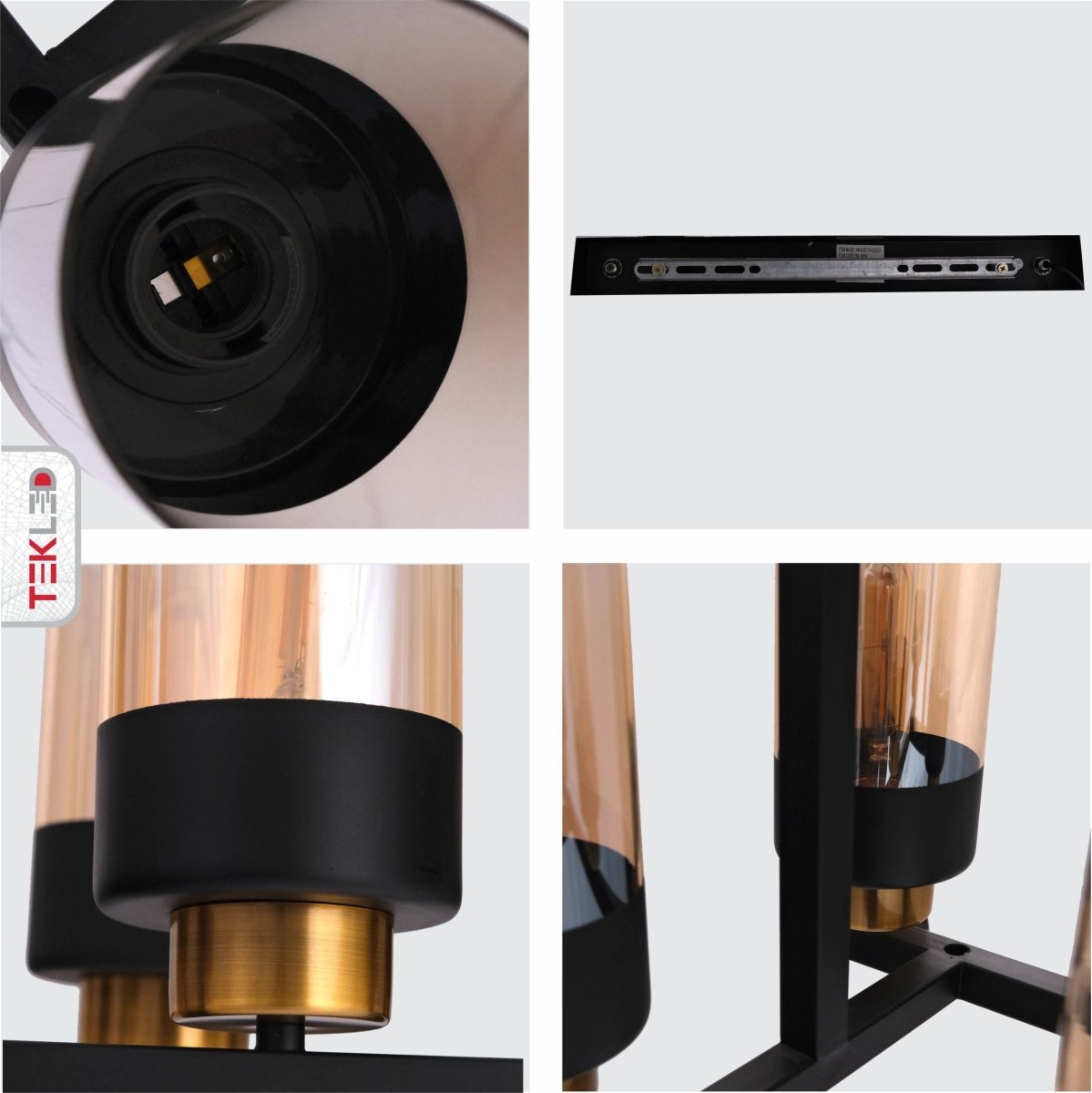Detailed shots of Amber Cylinder Glass Black Metal Chandelier with 8xE27 Fitting | TEKLED 158-19586