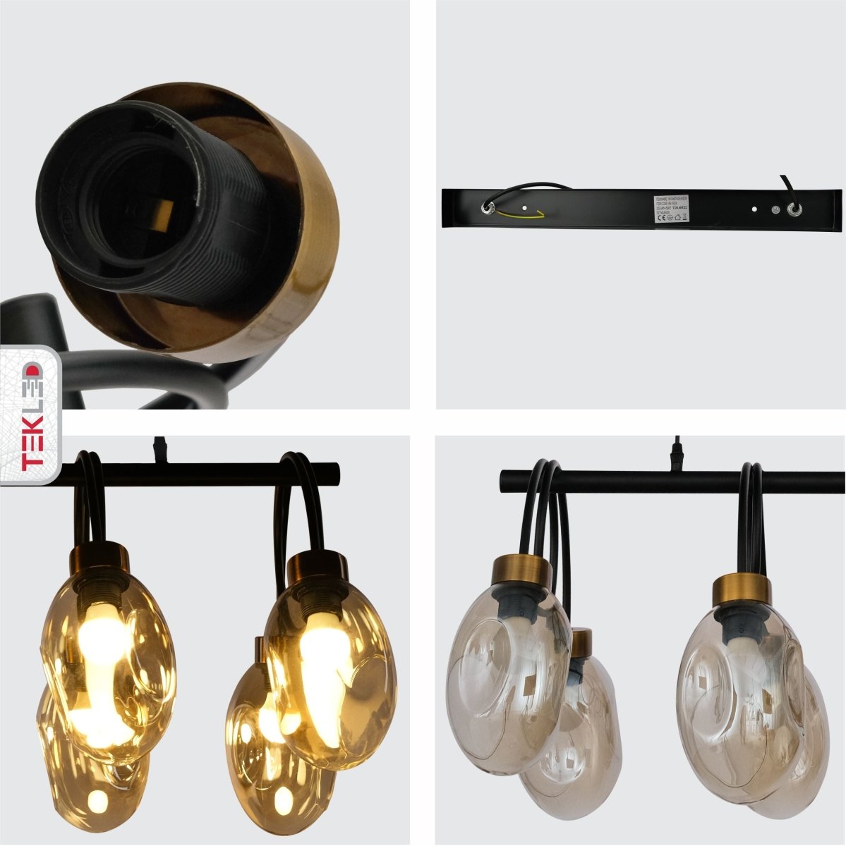 Detailed shots of Amber Glass Black Metal Island Chandelier with 8xE27 Fitting | TEKLED 158-19574
