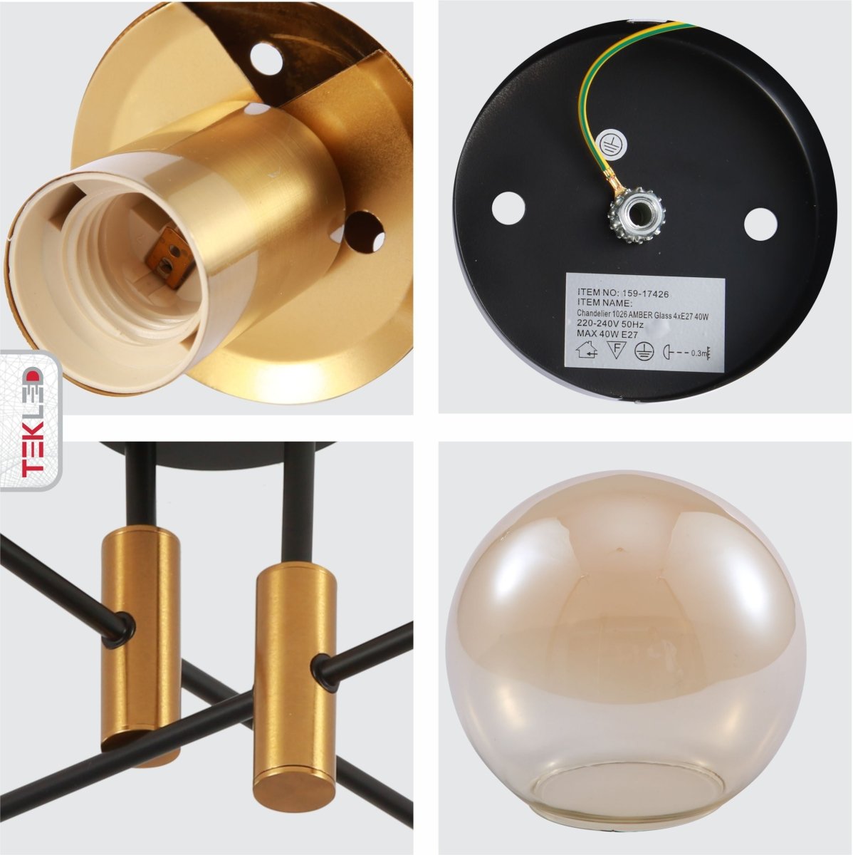 Detailed shots of Amber Glass Globe Gold and Black Metal Semi Flush Ceiling Light with 4xE27 Fitting | TEKLED 159-17426