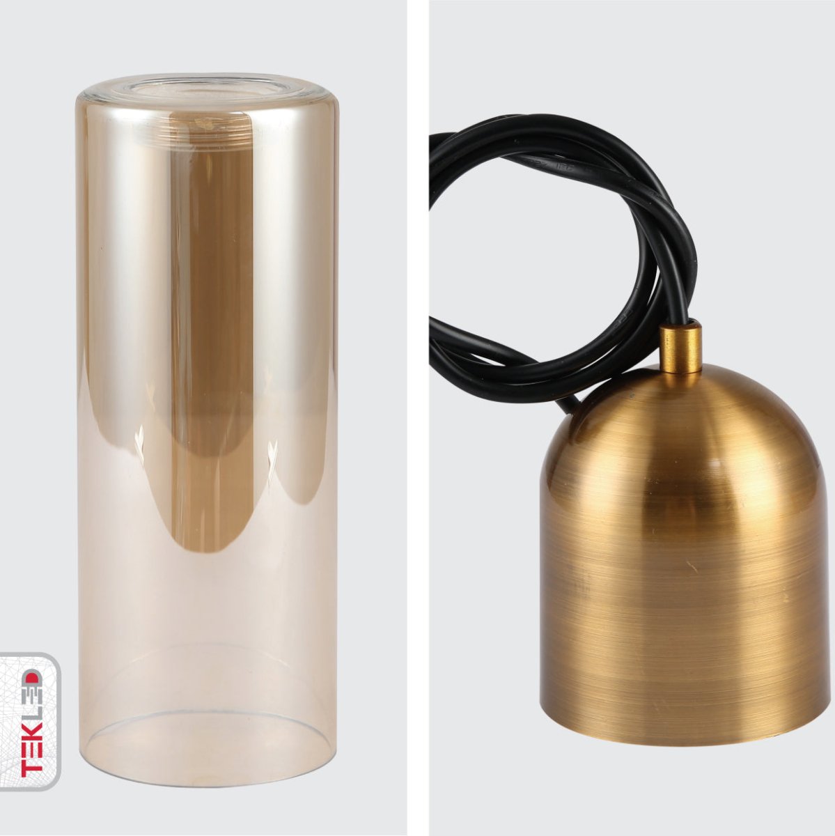 Detailed shots of Amber Glass Gold Aluminium Bronze Plated Top Cylinder Pendant Light with 3xE27 Fitting | TEKLED 159-17299