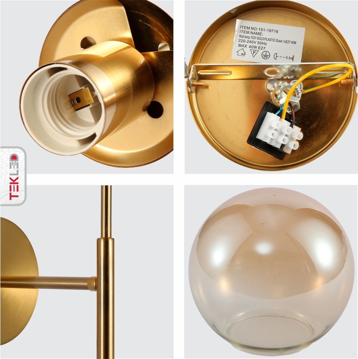 Detailed shots of Amber Glass Gold Metal Wall Light with E27 Fitting | TEKLED 151-19716