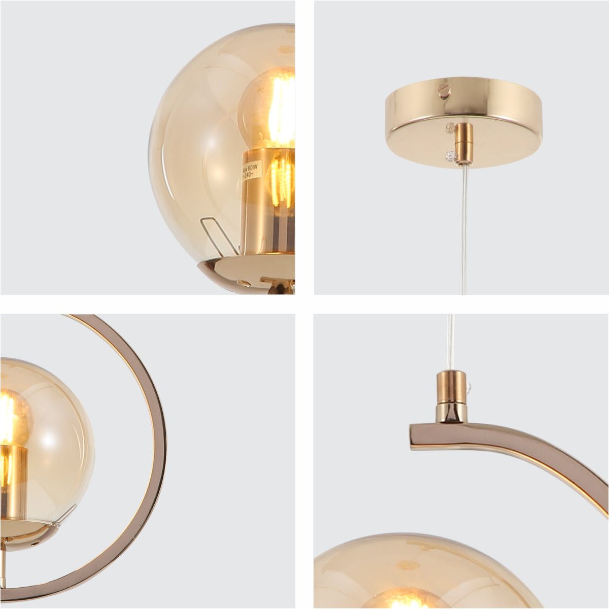 Detailed shots of Amber Globe Glass Crescent Gold Metal Modern Ceiling Pendant Light E27 | TEKLED 159-17792