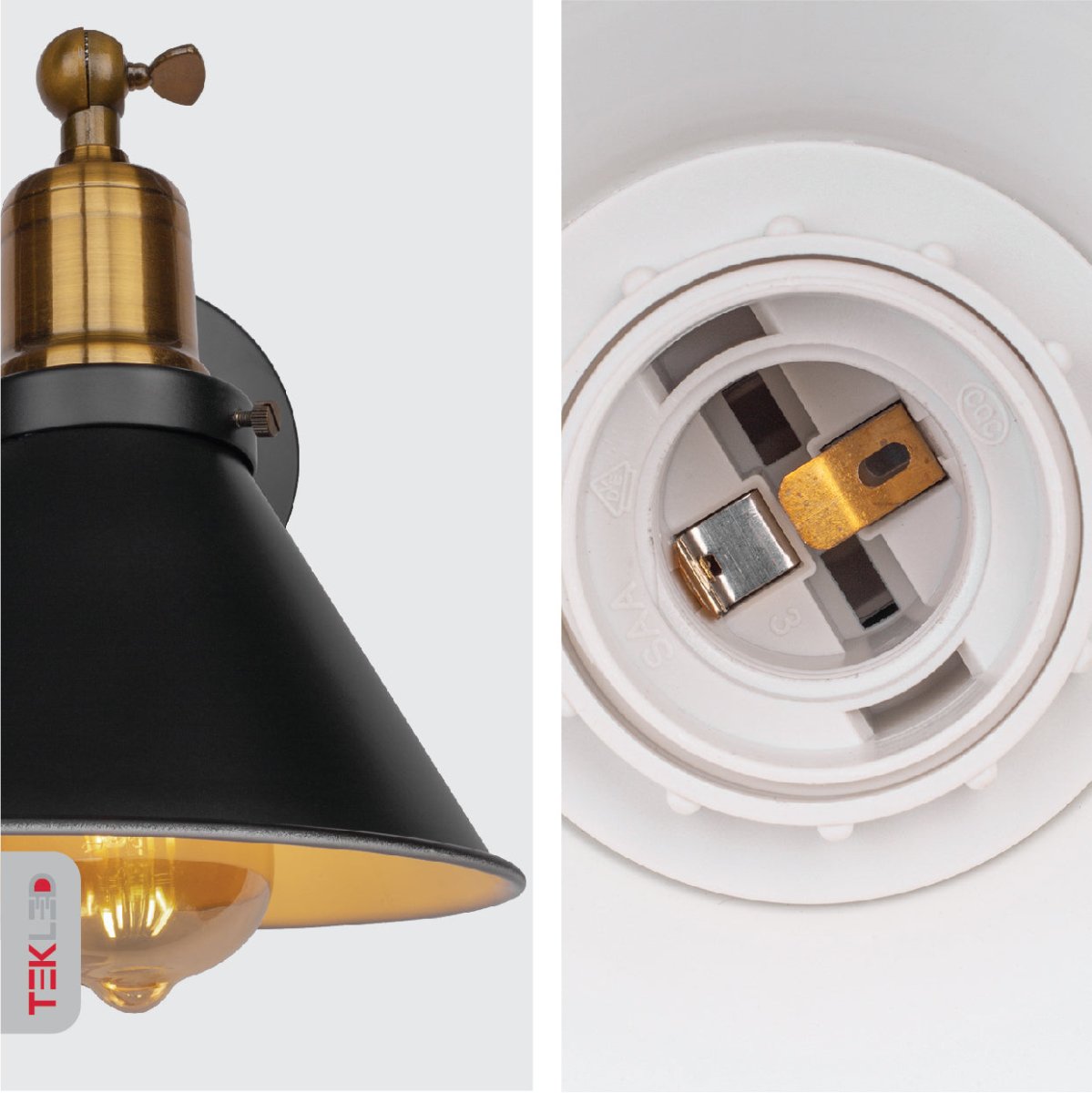 Detailed shots of Black Antique Brass Metal Funnel Hinged Wall Light with E27 Fitting | TEKLED 151-19642