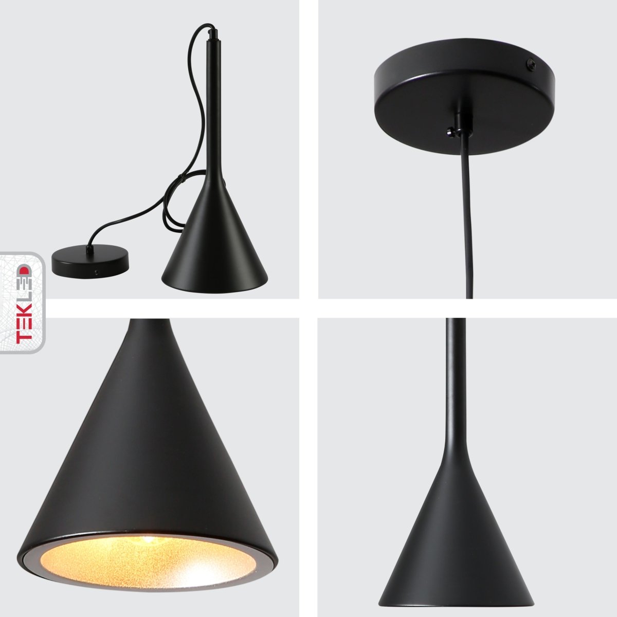 Detailed shots of Black Funnel Nordic Modern Metal Ceiling Pendant Light with E27 Fitting | TEKLED 150-18394