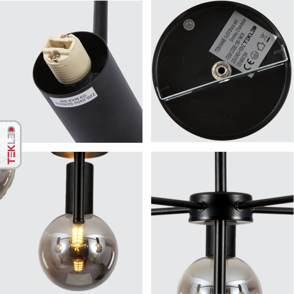 Detailed shots of Black and Smoky Chandelier with 5xG9 Fitting | TEKLED 158-19618
