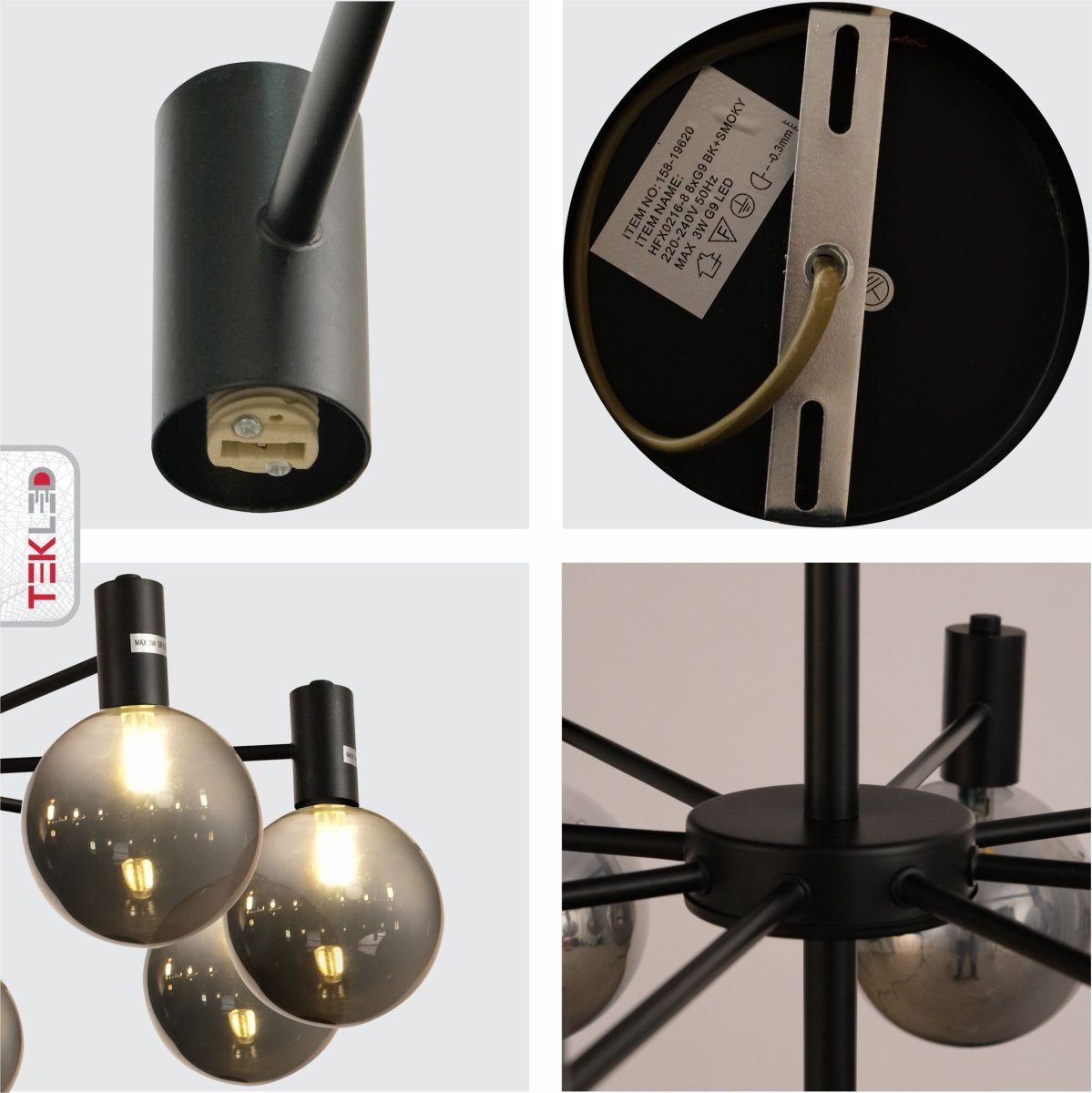 Detailed shots of Black and Smoky Chandelier with 8xG9 Fitting | TEKLED 158-19620