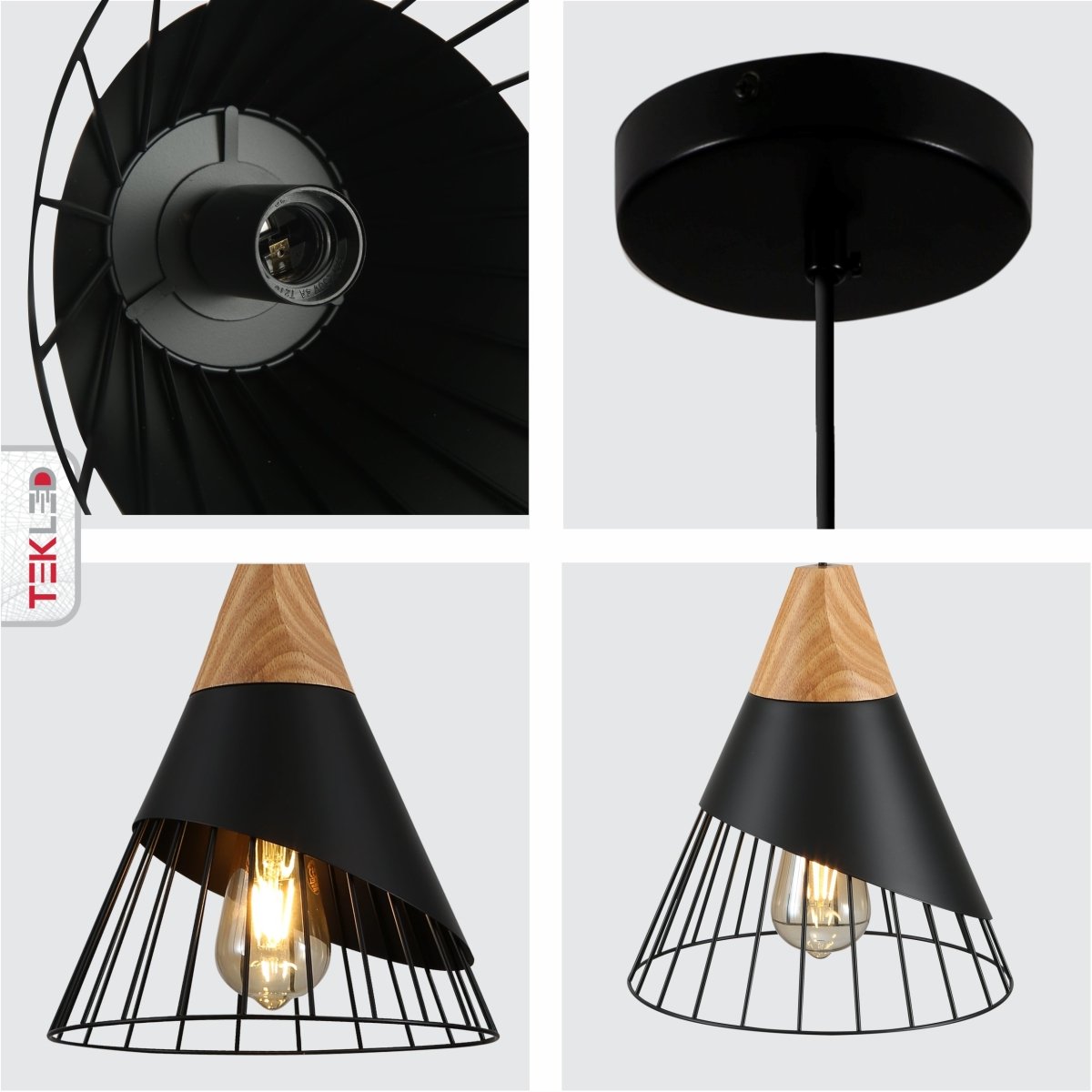 Detailed shots of Black Wood Funnel Cone Caged Shuttlecock Nordic Metal Ceiling Pendant Light with E27 Fitting | TEKLED 150-18390
