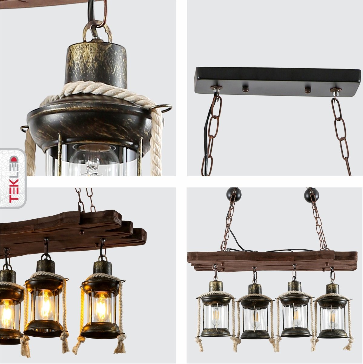 Detailed shots of Board Iron and Wood Glass Cylinder Shade Island Chandelier Light 4xE27 | TEKLED 159-17852