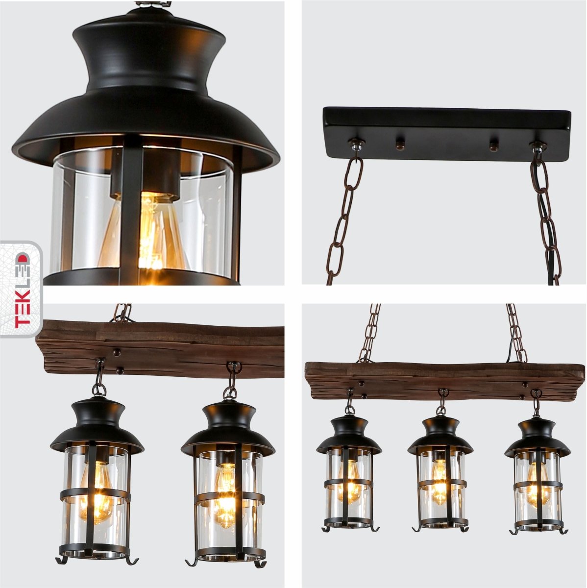 Detailed shots of Board Iron and Wood Glass Cylinder Shade Island Chandelier Light 3xE27 | TEKLED 159-17840