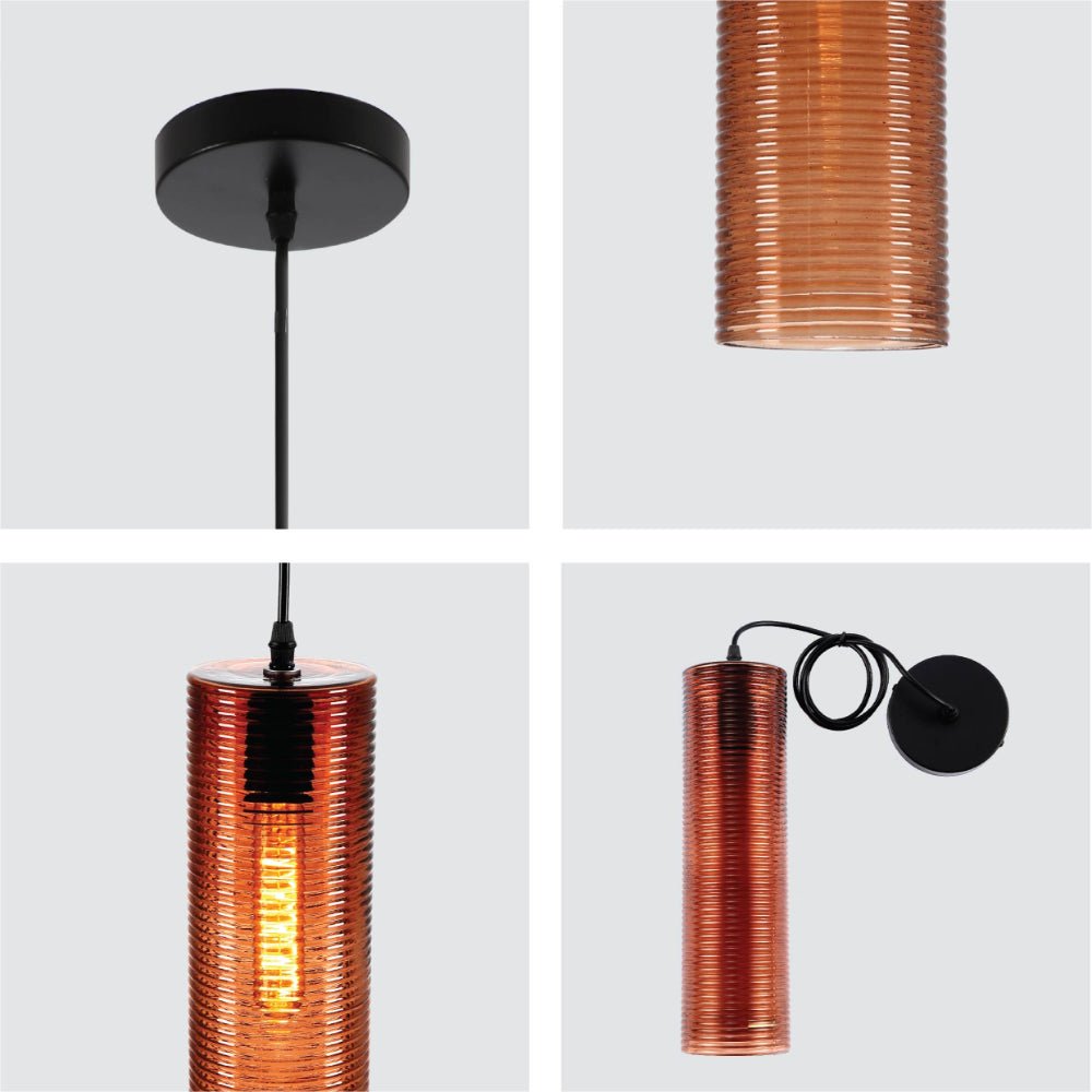 Detailed shots of Brown Reeded Cylinder Glass Pendant Light with E27 Fitting | TEKLED 158-19738