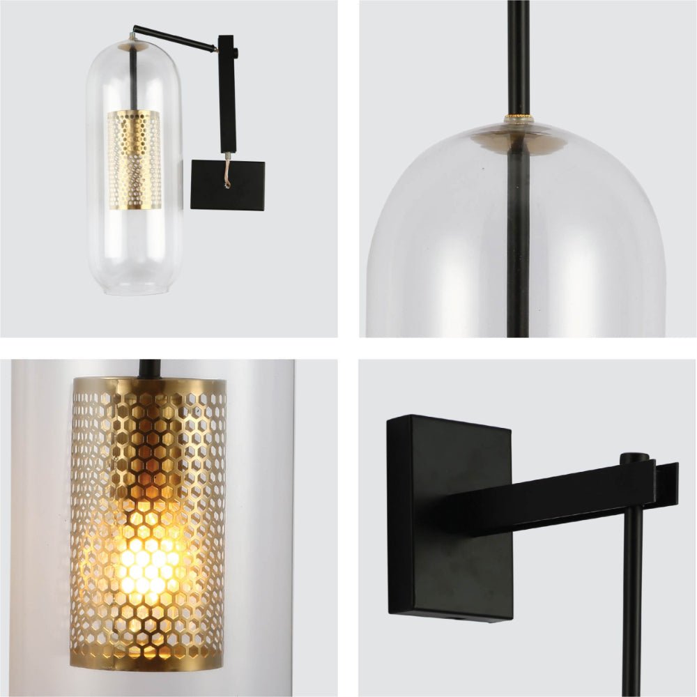 Detailed shots of Clear Cylinder Glass Gold Cage Black Body Wall Light with E27 Fitting | TEKLED 151-19735
