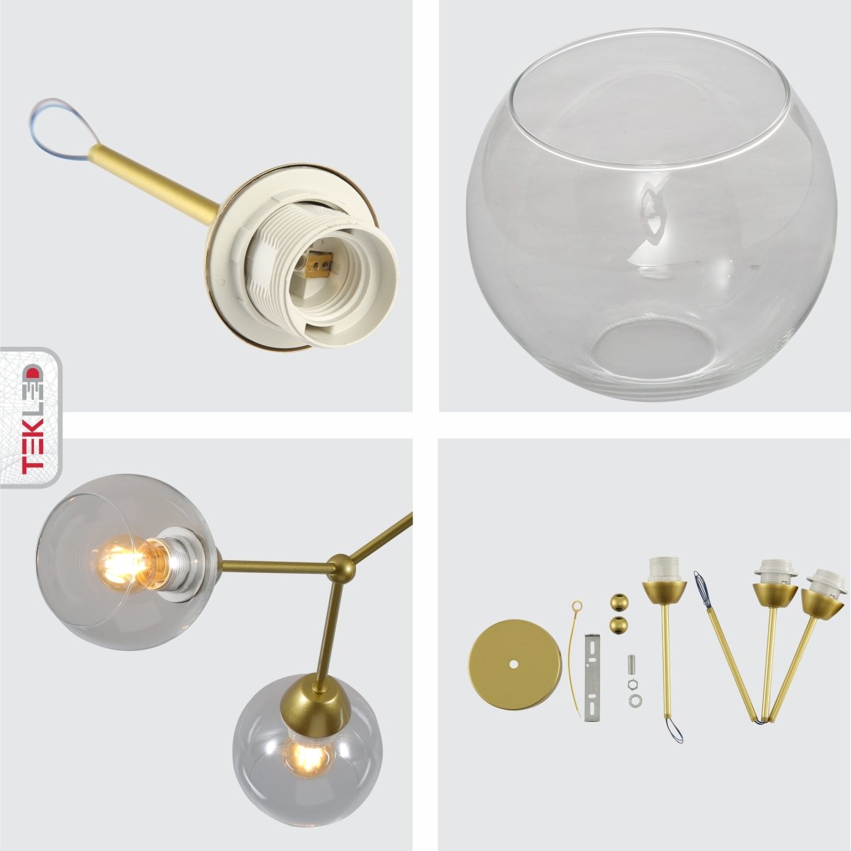 Detailed shots of Clear Glass Gold Wishbone Branch Twig Semi Flush Modern Sputnik Ceiling Light with 3xE27 Fitting | TEKLED 159-17804