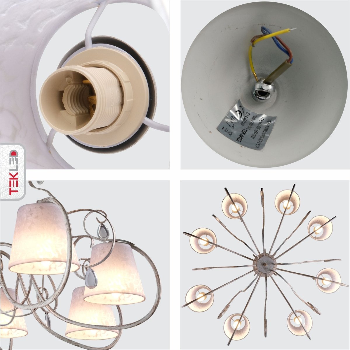Detailed shots of Creamy White Shade Rice White Gold Brushed 8 Arm Chandelier with 8xE14 Fitting | TEKLED 158-17824