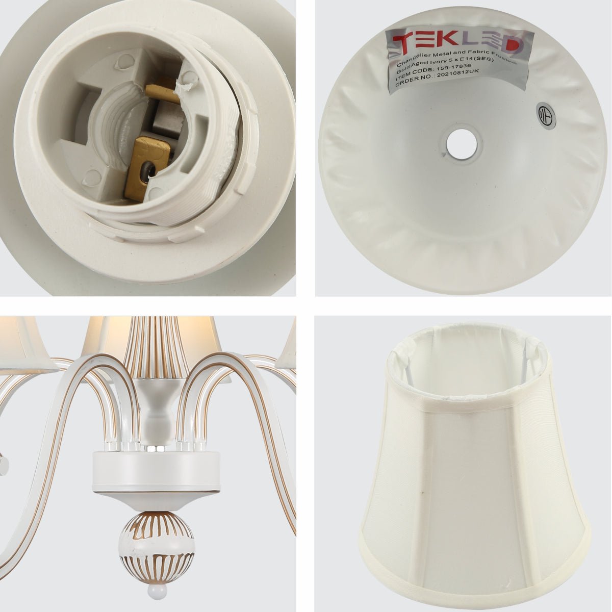 Detailed shots of Off White Fabric Shaded Gold Aged Ivory Traditional Retro Vintage Classic Chandelier Ceiling Light with 5xE14 Fitting | TEKLED 159-17836