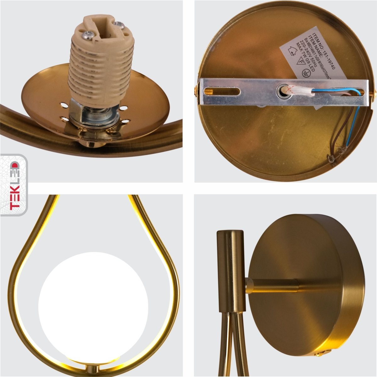 Detailed shots of Opal Glass Gold Metal Globe Wall Light with G9 Fitting | TEKLED 151-19740