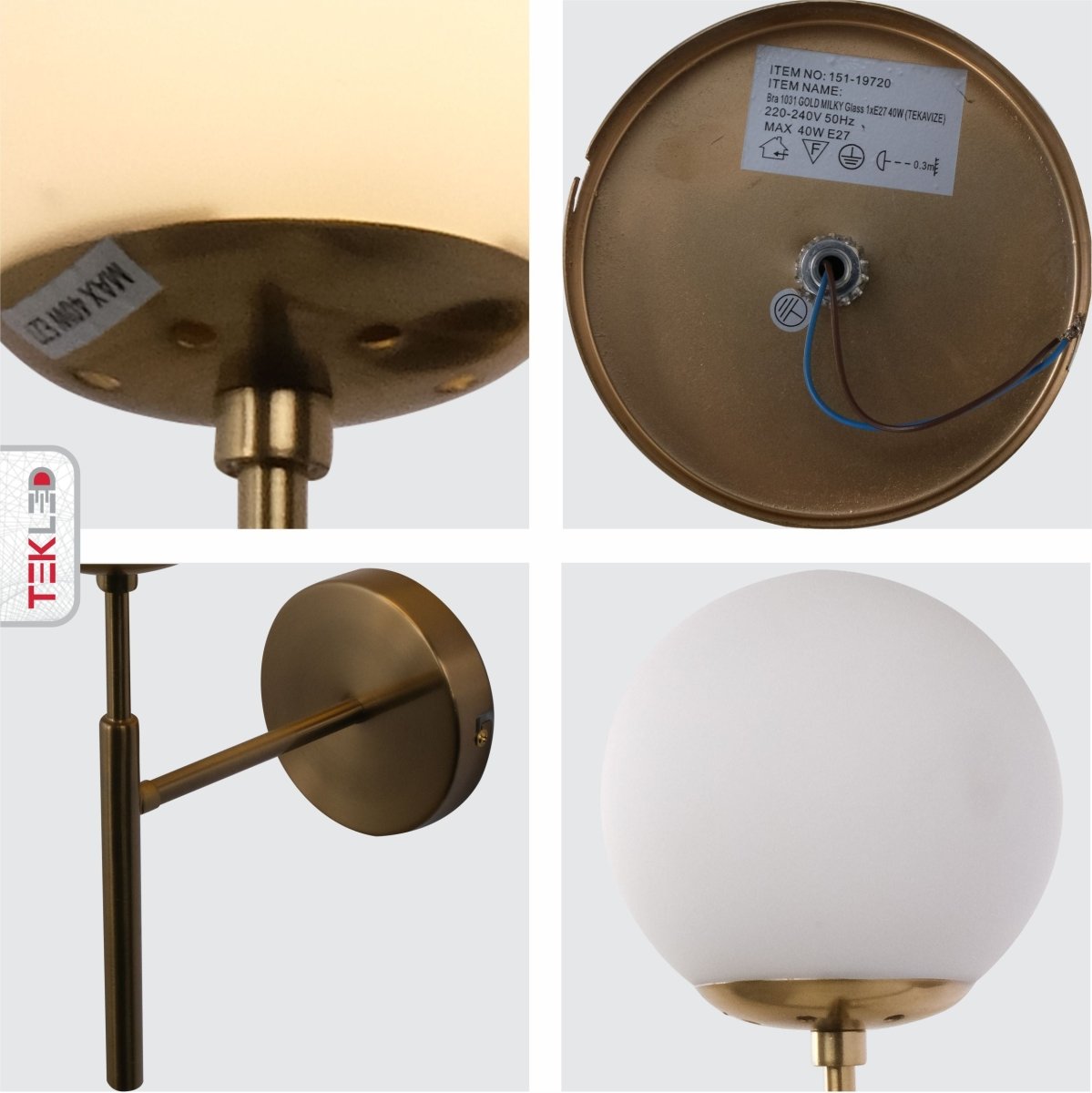 Detailed shots of Opal Glass Gold Metal Wall Light with E27 Fitting | TEKLED 151-19720