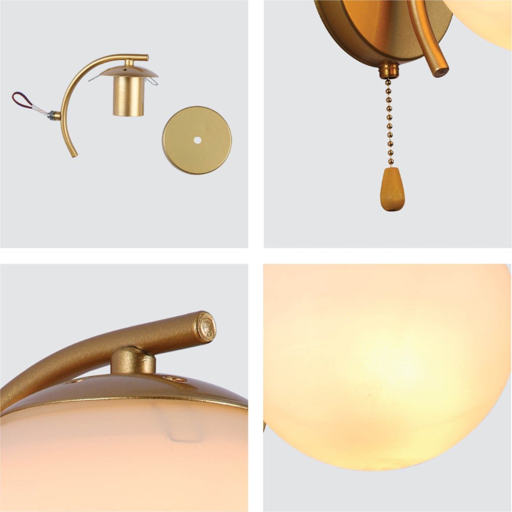 Detailed shots of Opal Globe Glass Gold Metal Arc Body Vintage Retro Wall Light with Pull Down Switch E27 Fitting | TEKLED 151-19786