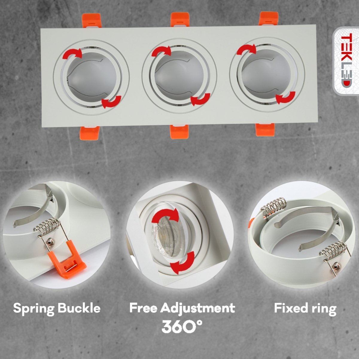 Detailed shots of Rectangle Recessed Tilt Downlight White with 3xGU10 Fitting | TEKLED 165-03888