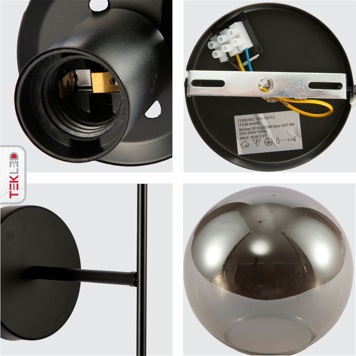 Detailed shots of Smoky Glass Black Metal Wall Light with E27 Fitting | TEKLED 151-19712