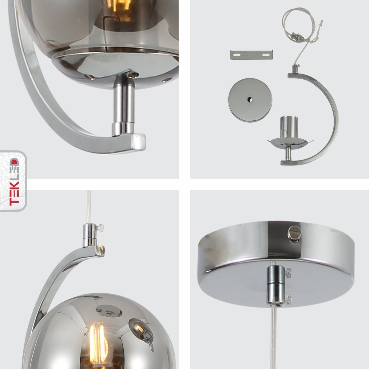 Detailed shots of Smoky Globe Glass Crescent Chrome Metal Modern Ceiling Pendant Light E27 | TEKLED 159-17798