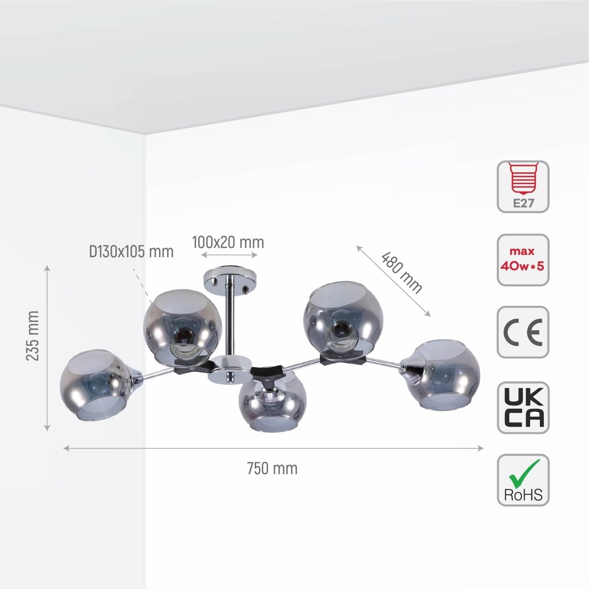 Size and specs of Smoky Barrel Glass Chrome Metal Body Sputnik Modern Ceiling Light with E27 Fittings | TEKLED 159-17694
