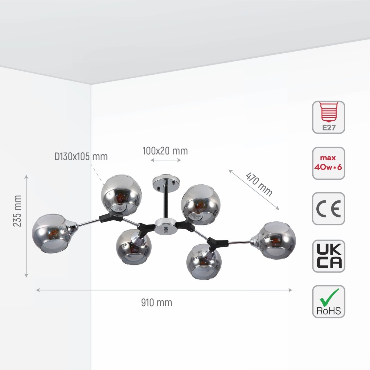 Size and specs of Smoky Barrel Glass Chrome Metal Body Sputnik Modern Ceiling Light with E27 Fittings | TEKLED 159-17696