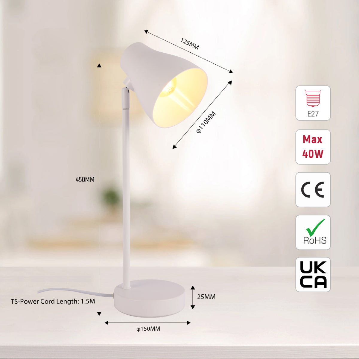 Size and certifications of Elegant Rotatable Desk Lamp in Assorted Colors 130-03652