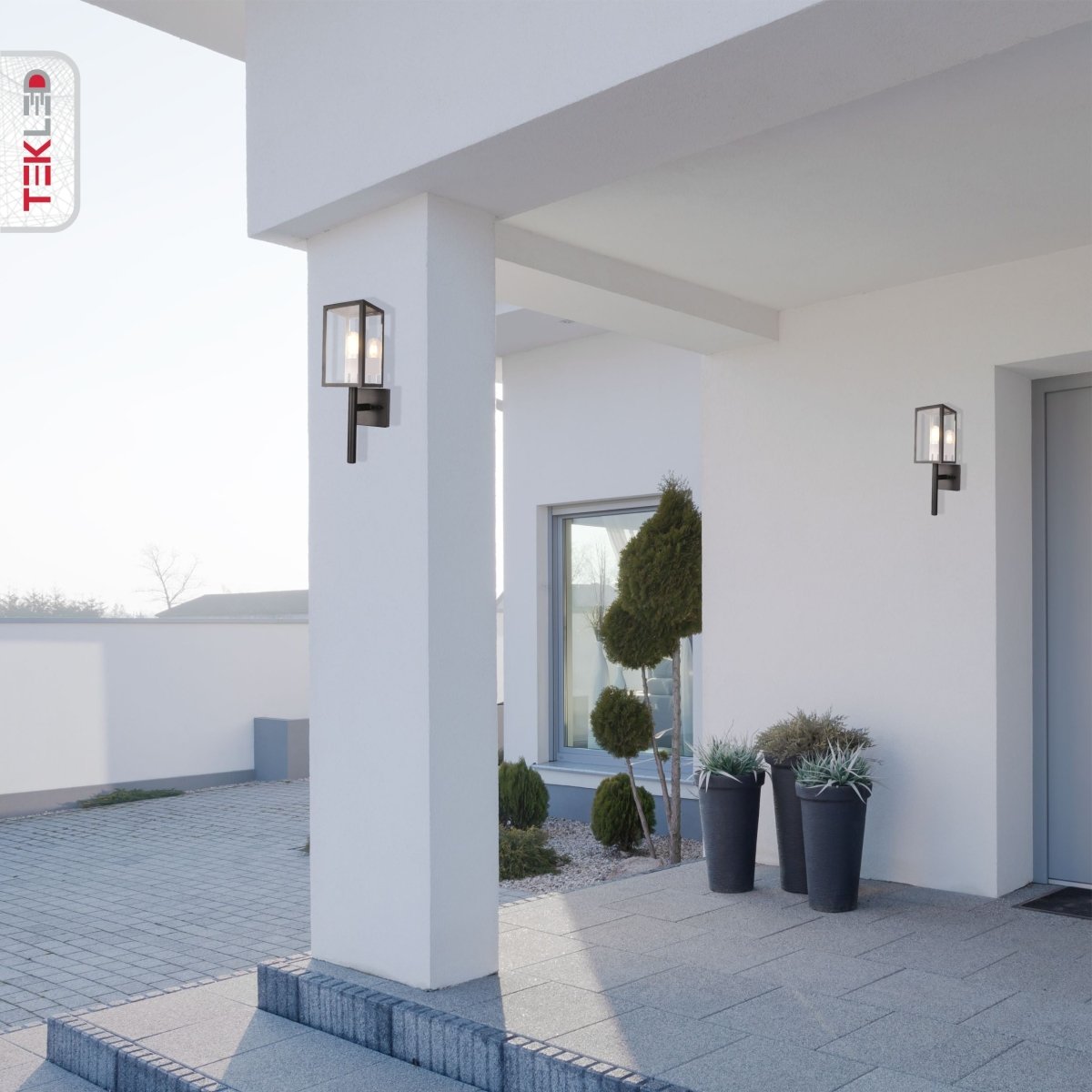 Outdoor application for Cube Scone Wall Lamp Matt Black Clear Glass E27