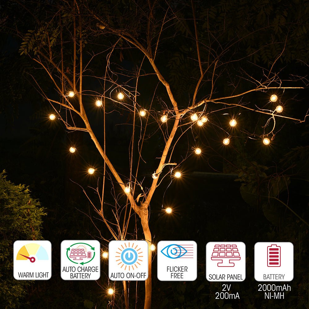 Outdoor use and features of Castor Solar LED Bulb String 25pcs Globe G40 76m with USB Charging Port Weatherproof Festoon Light