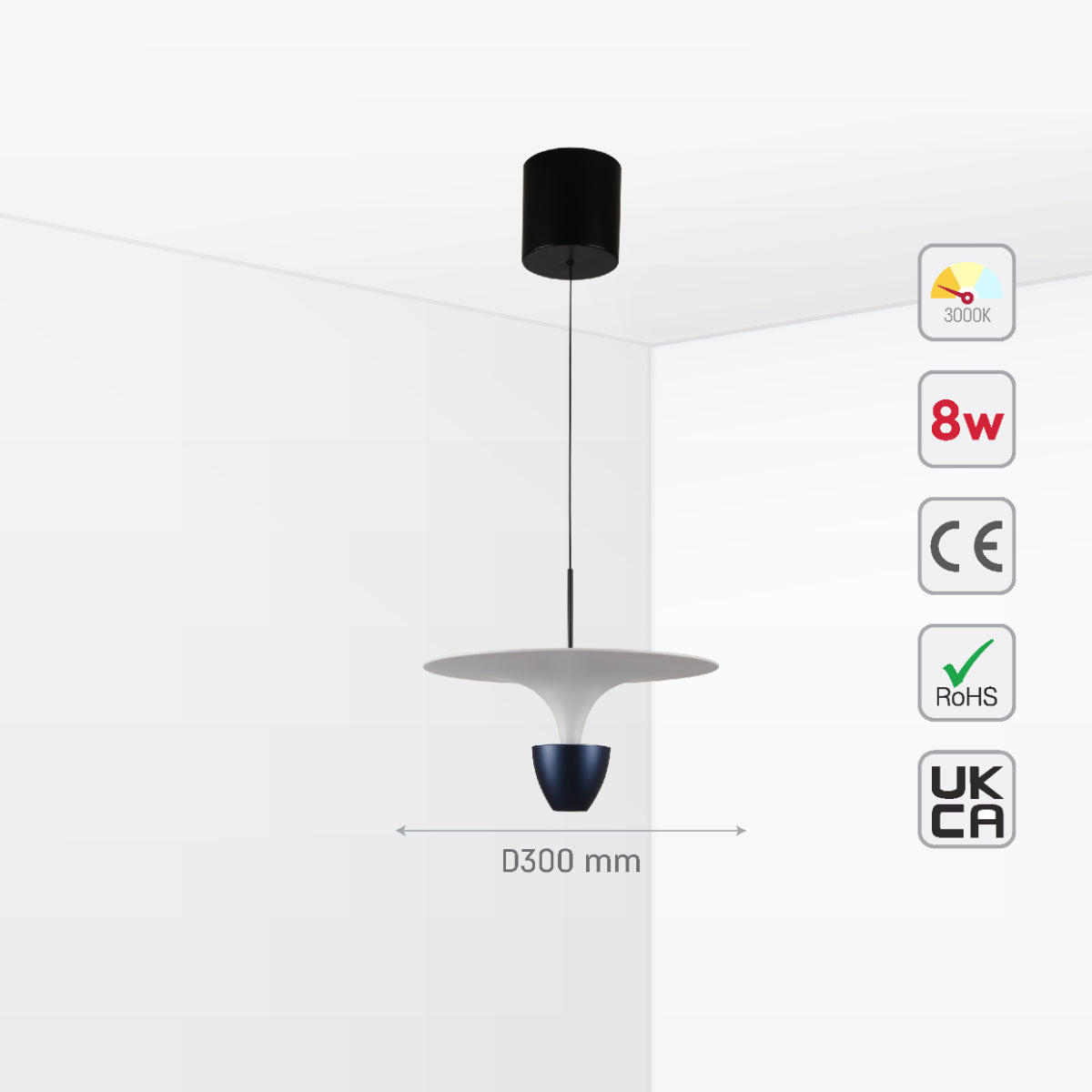 Size and certifications of Fountain Pendat Light brown CCT Changeble D300 8W 159-18113