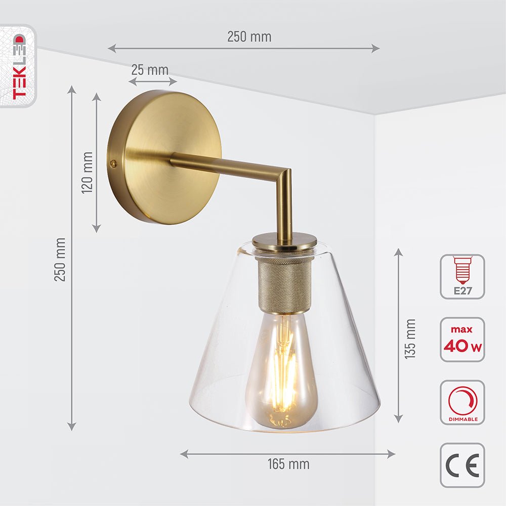 Tehcnical specifications and dimensions of Gold Aluminium Bronze Body Clear Glass Funnel Wall Light with E27 Fitting