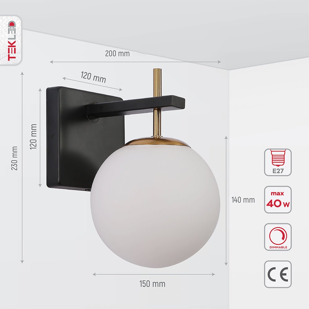 Tehcnical specifications and dimensions of Gold Aluminium Bronze Body Opal White Glass Globe Wall Light with E27 Fitting