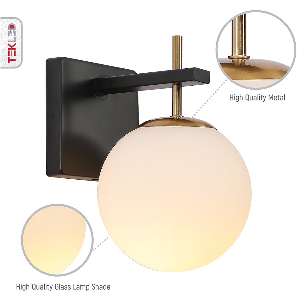 Features of Gold Aluminium Bronze Body Opal White Glass Globe Wall Light with E27 Fitting
