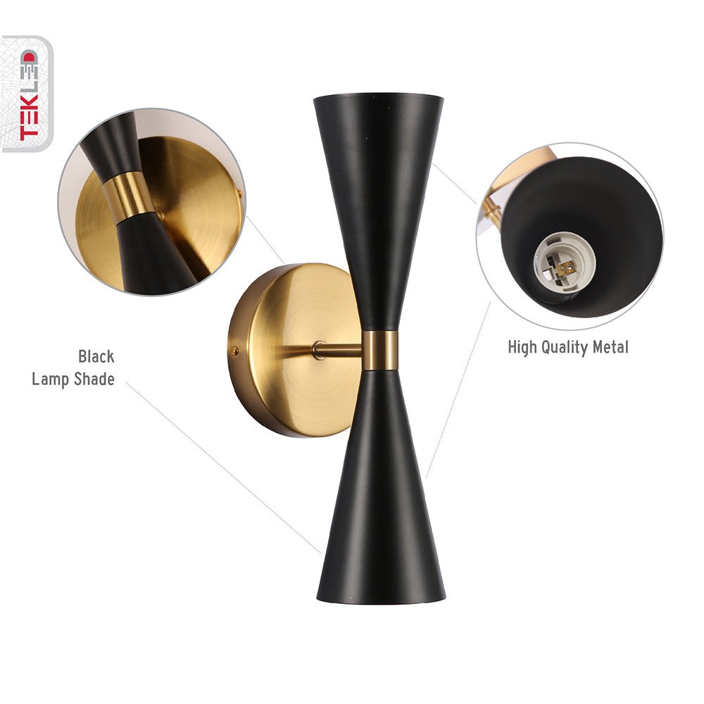 Features of Gold Aluminium Metal Body Black Cone Wall Light with 2xE27 Fitting