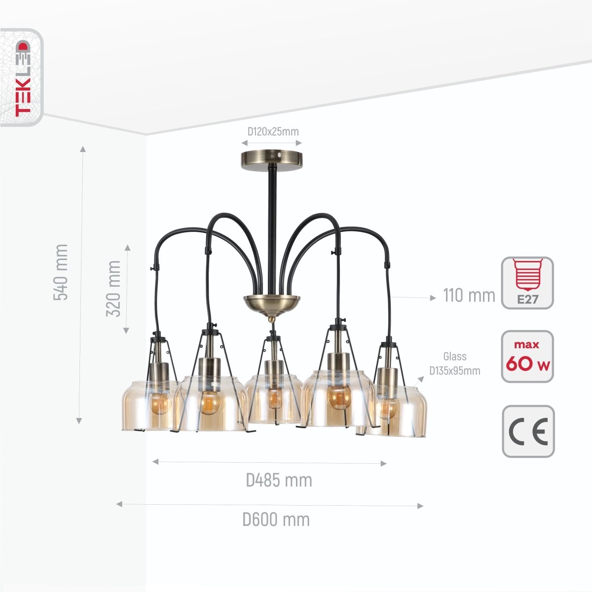 Product dimensions of amber glass black and antique brass suspended ceiling light 5xe27