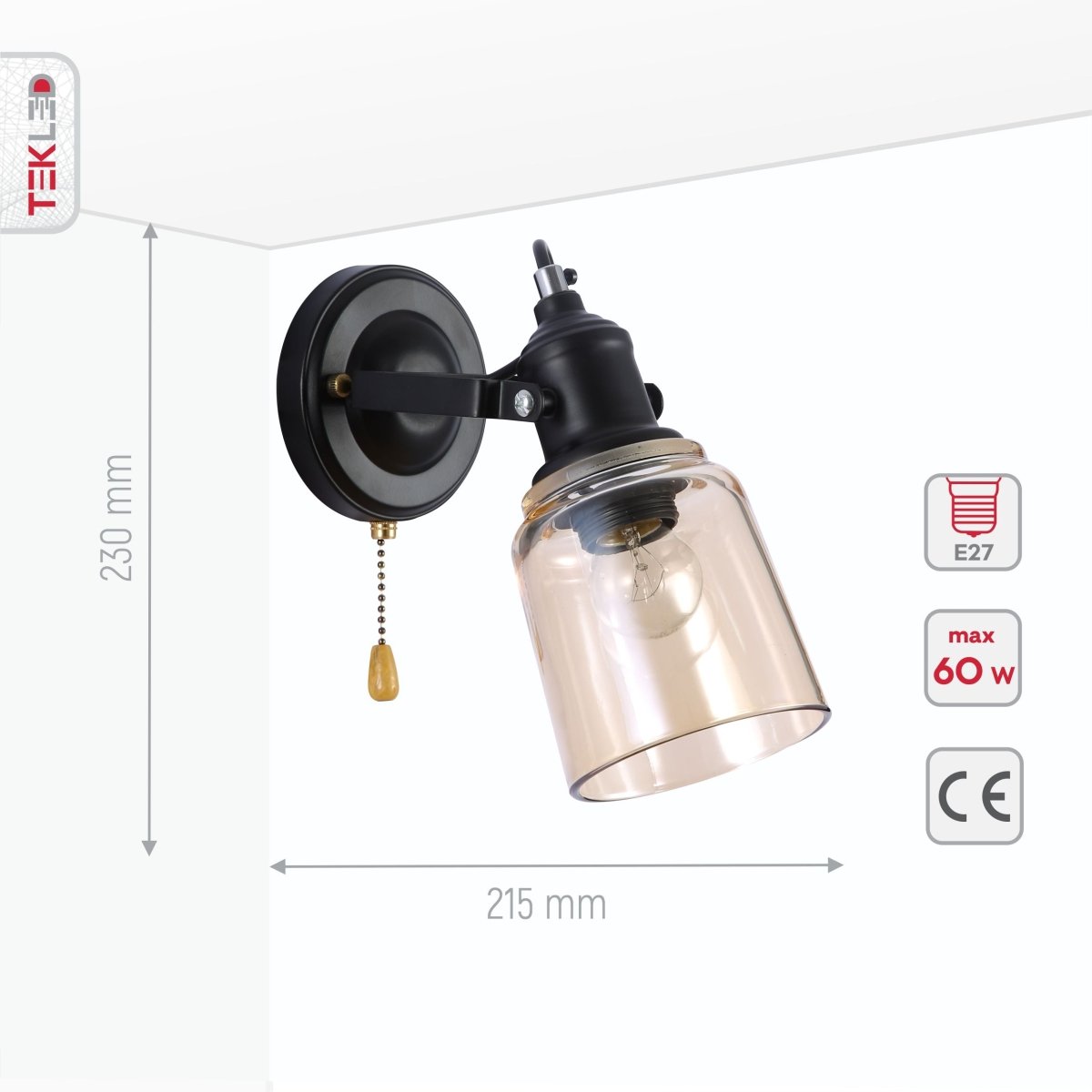 Product dimensions of amber glass cone wall light e27 and pull down switch